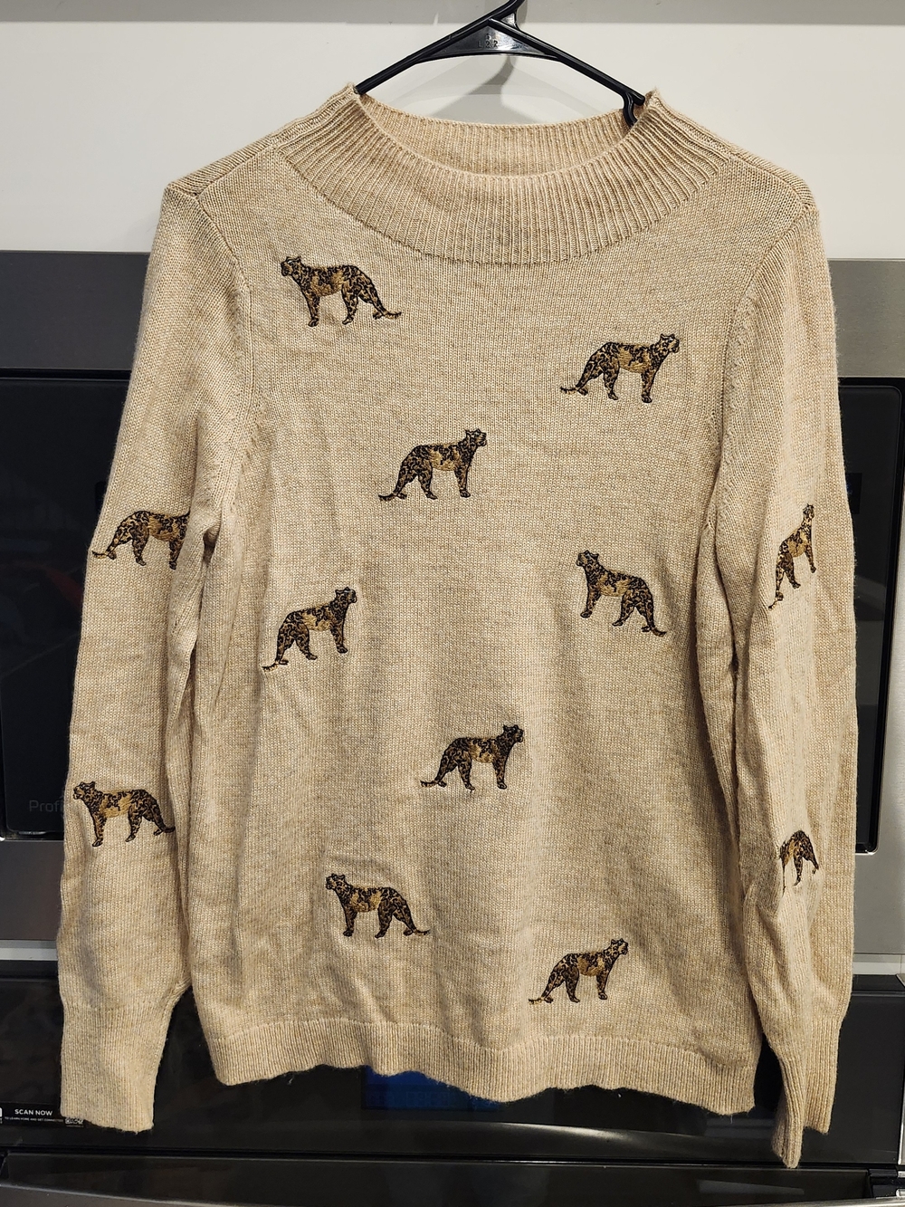 Chico's Beige Cowlneck Sweater with Leopard Motifs